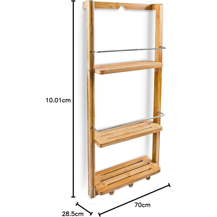 Поличка для ванної кімнати, 3 полиці, 3 гачки, бамбук, В х Ш х Г приблизно 70 х 28,5 х 10 см, для підвішування, поличка для ванної