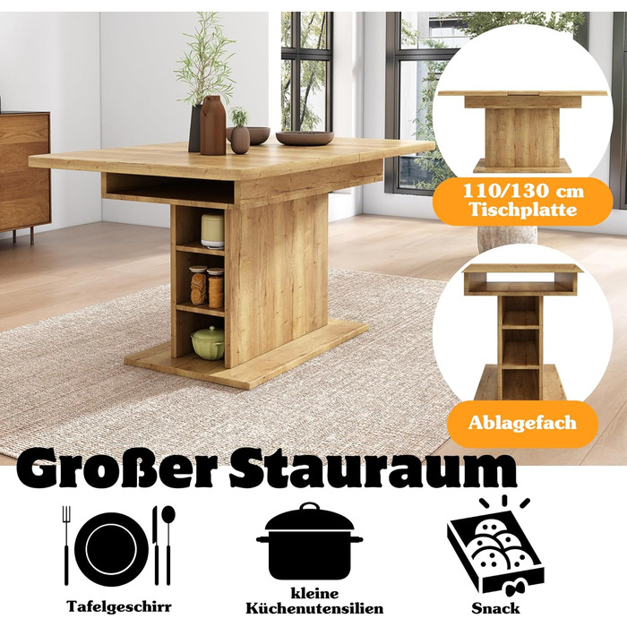 Дерев&39яний обідній стіл Merax, розсувний обідній стіл з місцем для зберігання, прямокутний кухонний стіл, для вітальні та їдальні, 110/130Д x 70Ш x 75В см, натуральний колір