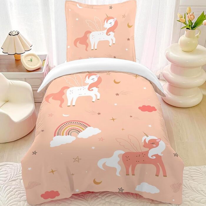 Постільна білизна HOM Unicorn 135x200 для дівчаток - рожева райдужна постільна білизна для дітей - з наволочкою 80x80см 2 шт. Одно
