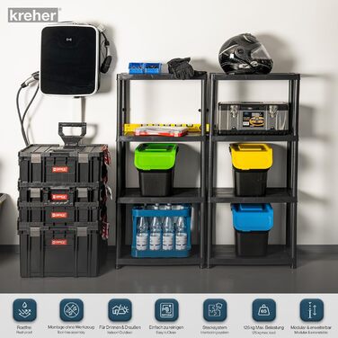 Пластиковий стелаж Kreher, 2-секційний, для зберігання речей, підлогова полиця з 5 полицями, максимальне навантаження 125 кг на полицю. 60 x 30,5 x 170 см (В). Сертифіковано TV Rheinland.