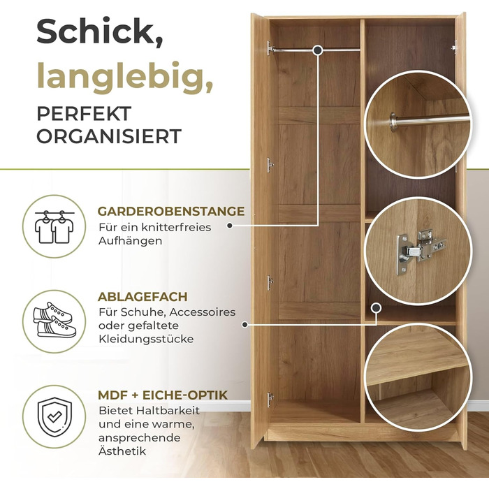 Шафа Eiselfing, 2-дверна шафа, 176 x 80 x 52 см, Шафа для спальні, 1 вішалка для одягу, 4 полиці, під дуб, дуб, 176 x 80 x 52 см - 4 полиці