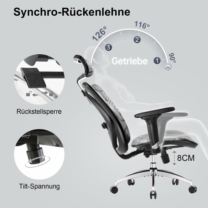 Ергономічне офісне крісло SIHOO, крісло керівника з 3D-регульованими підлокітниками та поперековою опорою, високою спинкою з приємної на дотик сітки, письмове крісло з вантажопідйомністю до 150 кг/330 фунтів (сіре)