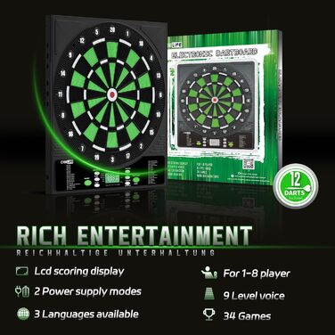 Електронна мішень для дартсу Cyeelife з німецьким голосом та РК-екраном включає 12 мяких дротиків, 24 крильця, 50 наконечників та USB-зарядний пристрій стандартна мішень для дартсу