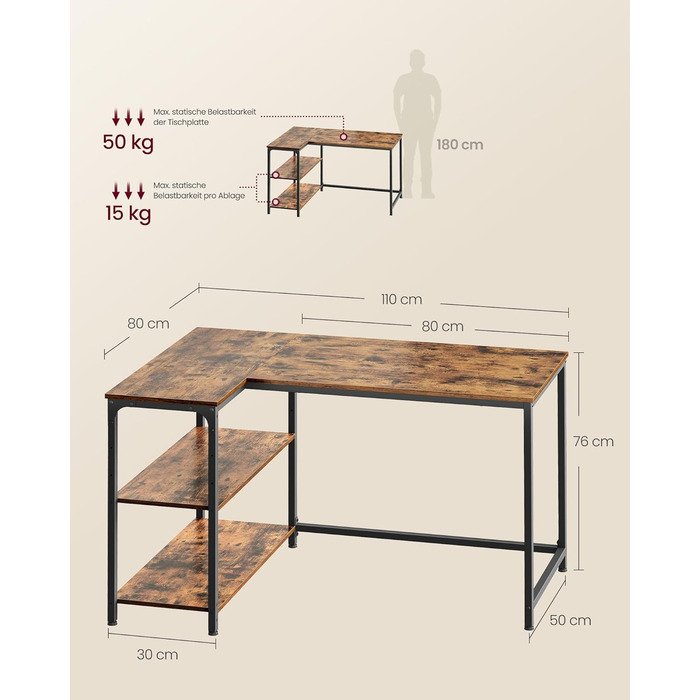 Г-подібний кутовий стіл, комп&39ютерний стіл з місцем для зберігання, офісний стіл, полиця з регульованою висотою, для домашнього офісу, 110 x 80 см, вінтажний коричневий LWD135KD01 Вінтажний коричневий 110 x 80 см Без подовжувача