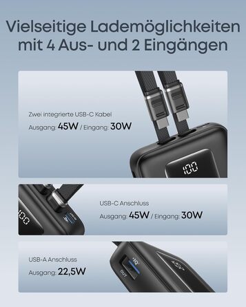 Зовнішній зарядний пристрій Anker Zolo (оновлення 2025 року), швидка зарядка 45 Вт, акумулятор ємністю 20000 мАг, два вбудовані кабелі USB-C, 1 порт USB-C та 1 порт USB-A, для iPhone серії 17/16, Galaxy, MacBook та інших, кабелі USB-C 45 Вт*2, чорний