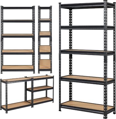 Ярусний стелаж для зберігання Yaheetech з регульованими полицями, міцний стелаж, підвальний стелаж, окремостоячий стелаж, стелаж без болтів, вантажопідйомність 175 кг на полицю, 75x30x153 см/чорний, 5-