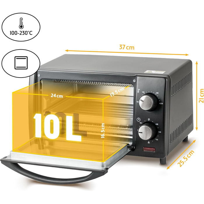 Міні-піч TZS First Austria 10 літрів, 800 Вт, до 230 градусів, плавне регулювання температури, таймер на 60 хвилин, 2 висоти полиць, подвійні скляні дверцята, міні-піч