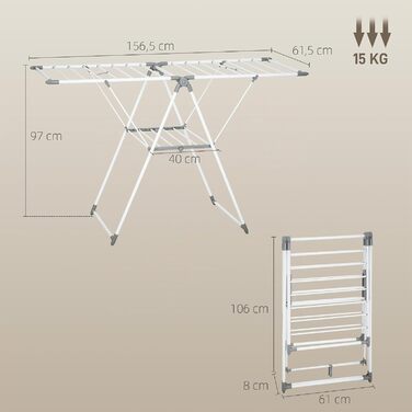 Складана сушарка для білизни HOMCOM, 156,5x61,5x97 см, біла