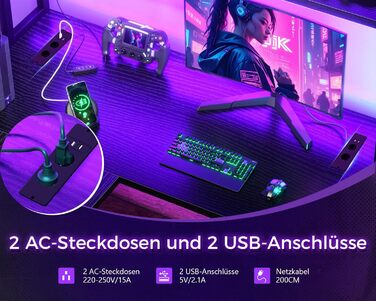 Ігровий стіл ODK зі світлодіодним підсвічуванням, 150120 см, двосторонній L-подібний стіл з 2 розетками та 2 портами зарядки USB, кутовий стіл чорного кольору з підставкою та полицею для зберігання, чорний 150120 см