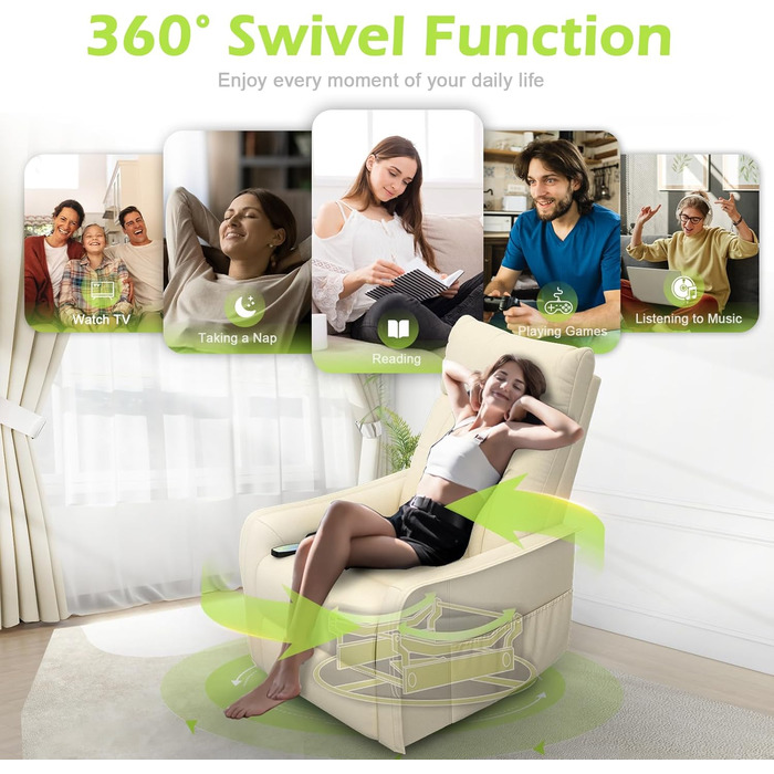 Крісло для телевізора, масажне крісло з функцією відкидання, крісло для релаксації з підігрівом та масажем, крісло для телевізора з поворотом на 360 для вітальні, крісло-гойдалка з м&39яким підголівником, 2 бічні кишені, ПУ кремово-білий колір