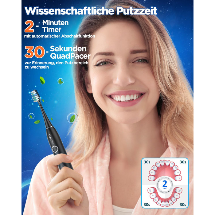 Електрична зубна щітка з 8 насадками (3 типи), звукова зубна щітка для дорослих, з таймером, до 120 днів роботи від акумулятора, 5 режимів чищення, дорожній футляр, настільна зарядна станція, колір чорний