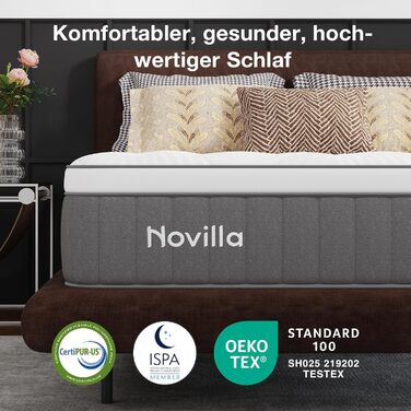 Матрац Novilla 160x200 см, висота 25 см, рівень жорсткості H4, охолоджувальний та дихаючий 7-зонний матрац із холодної піни, матрац із піни з ефектом пам&39яті та комфортної піни, що згортається в рулон, сертифікований Oeko-TEX, дихаючий чохол, білий та с