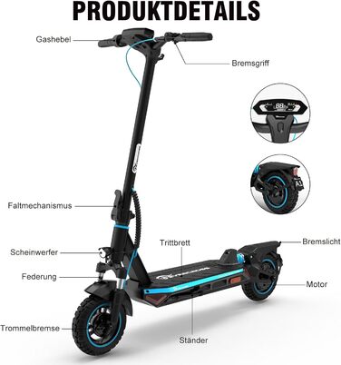 Електросамокат EVERCROSS з допуском до дорожнього руху (ABE), двигун 500 Вт, 10-дюймові позашляхові вакуумні шини, акумулятор 46,8 В 716,04 Втгод із запасом ходу до 70 км, складаний електросамокат для дорослих із застосунком та світлодіодним дисплеєм