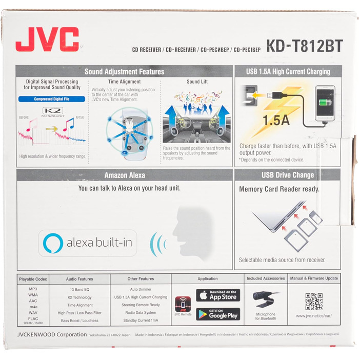 Ресивер JVC KD-T812BT із системою гучного зв'язку BT (вбудований Alexa, високопродуктивний тюнер, звуковий процесор, USB, AUX, Spotify Control, 4 x 50 Вт, підсвічування червоної клавіші) Одномісний