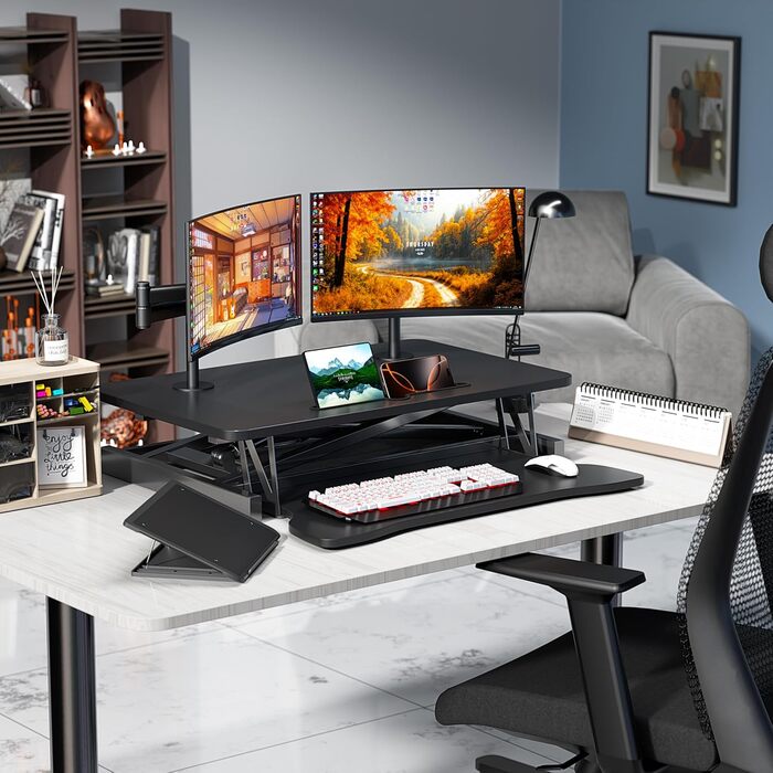 Стіл для роботи сидячи та стоячи, робоча станція стоячи, стіл для роботи стоячи, ергономічне регулювання висоти, робоча станція для двох моніторів та ноутбуків з великим відсіком для клавіатури, підставка для офісу для роботи сидячи та стоячи (80 см)