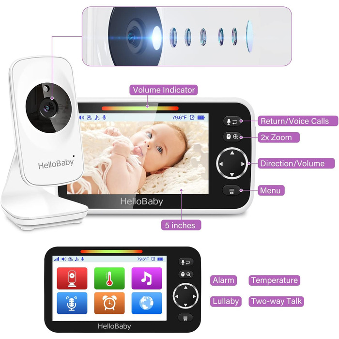 Монітор HelloBaby з камерою та аудіо, кольоровий РК-екран 12,7 см (5 дюймів), інфрачервона камера нічного бачення, режим VOX, дисп