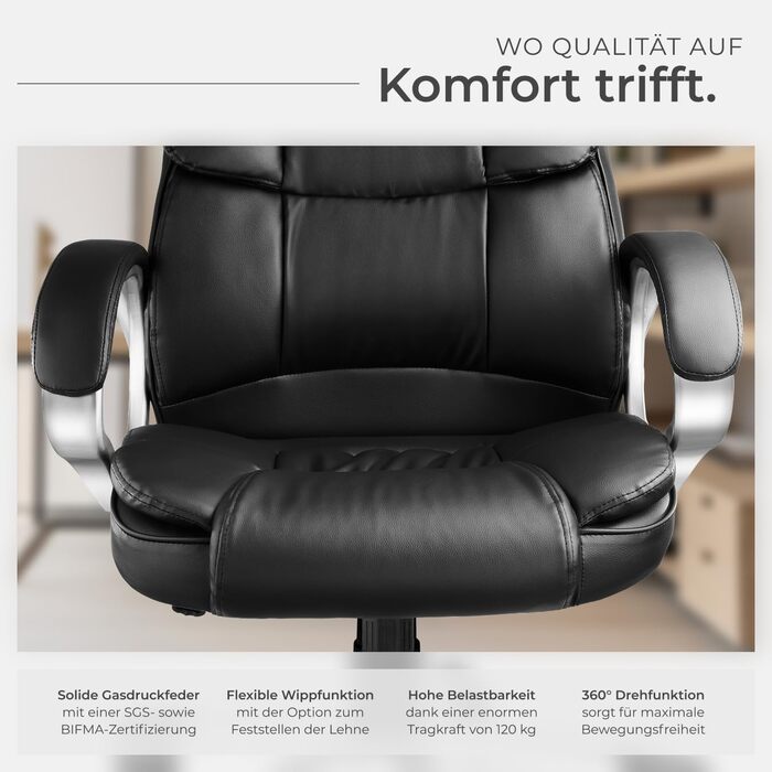 Крісло керівника tectake, офісне крісло з підкладкою 12 см, робоче крісло з підлокітниками та функцією гойдання, ергономічне офісне крісло, регульоване по висоті, ПК-крісло, обертове крісло з колесами, під шкіру - чорне