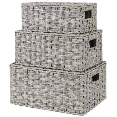 Кошик для зберігання GRANNY SAYS з кришкою, набір із 3 декоративних кошиків для зберігання, плетений кошик з ручками, великий сірий плетений кошик, міцний кошик з полицями для ванної кімнати, вітальні, кухні