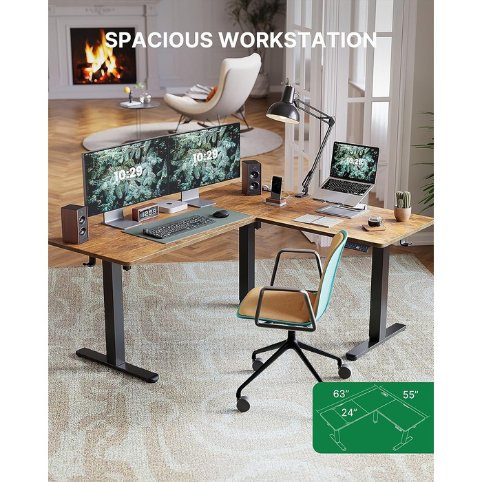 Стіл Marsail для роботи стоячи, регульований по висоті, з електричною розеткою 10,2 см, L-подібний електричний стіл для роботи стоячи з гачком для навушників, стіл для роботи стоячи для домашнього офісу, стабільна робоча станція для письма, рустикальний д