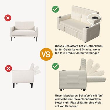 Диван Devoko з функцією сну, розкладний диван-ліжко з регульованою спинкою, невеликий диван-ліжко, розкладний диван, 2-місний диван для вітальні та спальні, бежевий 75Г x 160Ш см