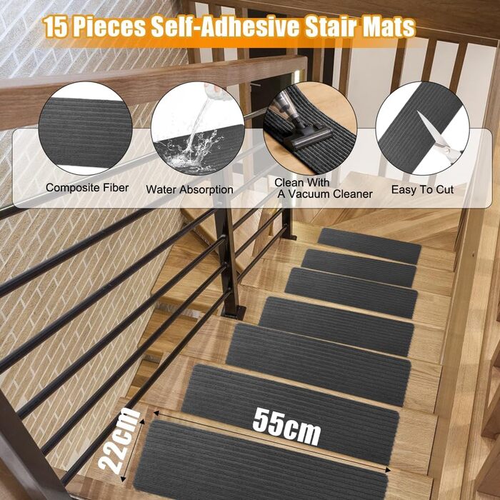 Килимків для сходів, 55x22 см, самоклеючі килимки для сходів у приміщенні, протиковзкі килимки для сходів, ріжучі, безпечний килимок для сходів для дітей, для літніх домашніх тварин, темно-сірий 55x22 см, темно-сірий, 15