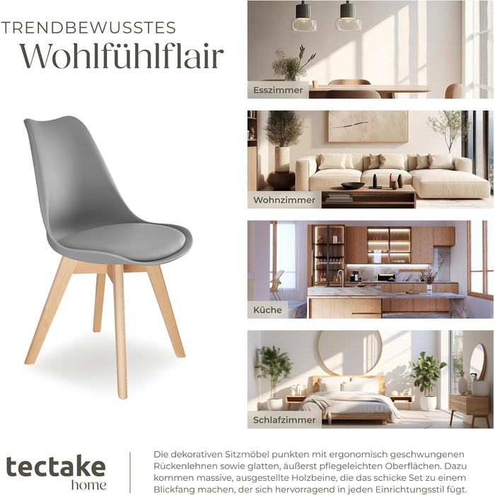 Обідні стільці tectake, комплект з 4 шт. , стільці з черепашковими сидінням, сучасні кухонні стільці, меблі в скандинавському стилі для вітальні, їдальні, кухні та офісу - сірі, комплект з 4 шт. Frederikke II - сірий