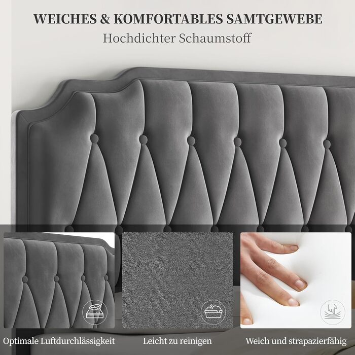 М&39яке ліжко Yaheetech Двоспальне ліжко 140 200 см Тканинне ліжко Дитяче ліжко М&39яке ліжко з регульованим узголів&39ям Каркас ліжка з рейковою основою, темно-сірий Темно-сірий 140 x 200 см