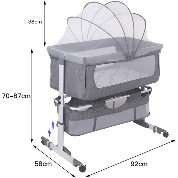 Дитяче ліжечко homewell Baby Bed Crib, дитяче ліжко та колиска 2 в 1, пружинне ліжко Baby Box, дитяче ліжко з колесами, москітна сітка, сумка для зберігання та матрац, регульована висота (модель 1 сірого кольору)