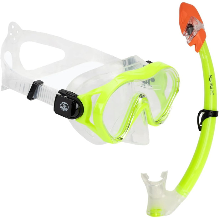 Дитячий комплект маски та трубки 2-в-1 AQUASTIC MINKE JR червоного кольору з фартухом-маскою з міцного загартованого скла та мундштуком для трубки з гіпоалергенного силікону для моря та відпустки зеленого кольору