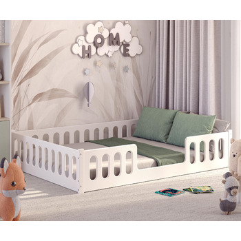 Дитяче ліжко 2-в-1 на підлозі 140x200 см Монтессорі зі знімними захисними поручнями - Біле, 46 кг, Вантажопідйомність до 200 кг, Надміцна згортається рейкова основа, Трансформоване 140 x 200 см Біле - 1 центральний вхід