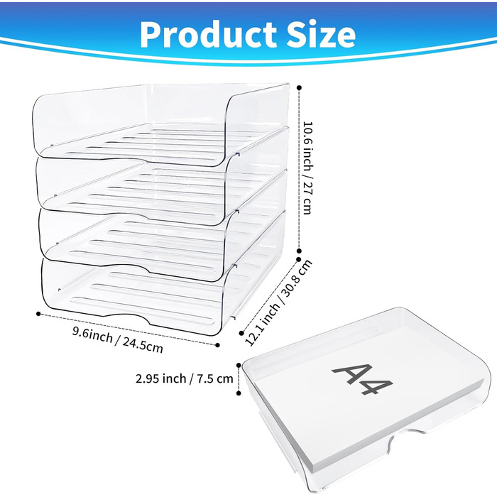 Лоток для паперу, лоток для листів, штабелюваний настільний органайзер, прозорі папки для файлів на стіл, офісний органайзер для файлів, iPad, листів, офісних документів A4, книг, нотаток, вертикальний лоток на 4 папки Claer-4shu