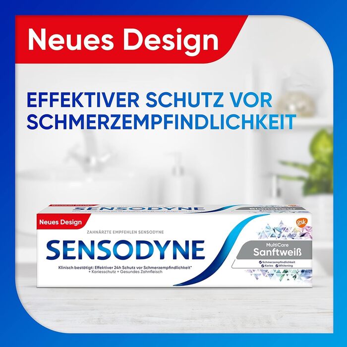 Зубна паста Sensodyne MultiCare ніжна біла, 4 шт. 75 мл, щоденна зубна паста з фтором, для чутливих зубів біла зубна паста з фтором