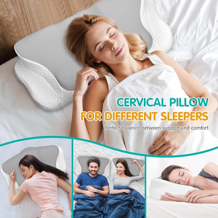 Подушка для шиї, подушка з піни з ефектом пам&39яті, подушка для шиї, подушка для голови, ергономічна подушка для сну на боці, на спині та на животі, 62x49/12 см, сірий/білий