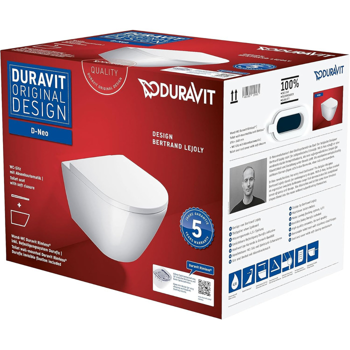 Набір для унітазу Duravit D-Neo, підвісний унітаз, сидіння з м'яким механізмом закриття, унітаз з відкритим обідком, знімна кришка унітазу, білий Білий Білий 37x54x40 см