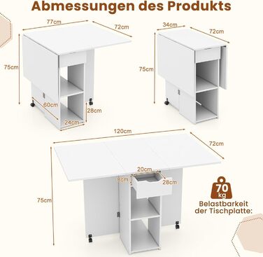 Розкладний обідній стіл на 2 колесах, Мобільний розкладний обідній стіл з 2-рівневою полицею та шухлядою (білий)