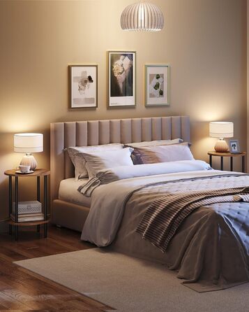 Круглий приставний столик, журнальний столик з 2 полицями, невелика тумбочка біля ліжка, журнальний столик в індустріальному стилі, для вітальні, спальні, вінтажний коричневий та чорний DTBZ01BF Вінтажний коричневий чорний 1