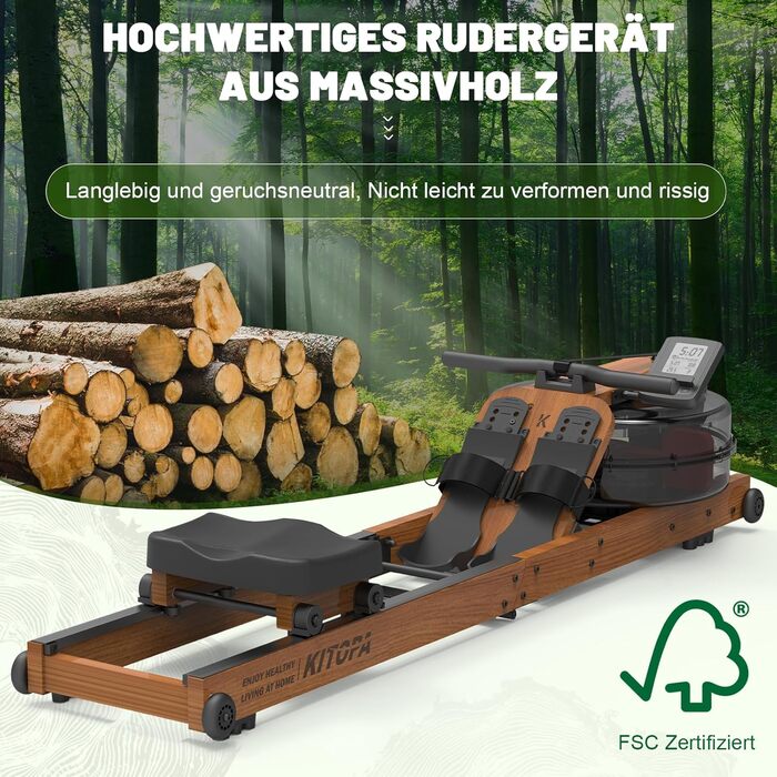 Дерев&39яний водний гребний тренажер Kitopa, складний домашній гребний тренажер з 30-денним членством у Kinomap, максимальний зріст користувача 2 м/160 кг, водний гребний тренажер з Bluetooth-дисплеєм та регульованим тримачем для телефону, коричневий