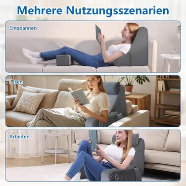 Подушка для спини, подушка для читання для ліжка та дивана зі знімними підлокітниками та підголівником, підтримка спини для дорослих, клиноподібна подушка з чохлом, який можна прати, подушка для спини для читання/гри/перегляду телевізора, сіра