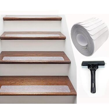 Комплект протиковзких смуг для сходів, прозорий килимок для сходів, водонепроникні килимки для сходів, самоклеючий килимок для сходів з монтажним роликом, килимки для сходів (15 x 60 см (15 шт.))