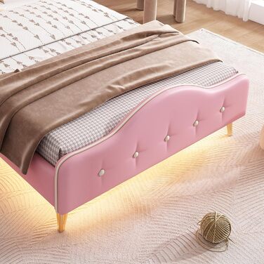 Дитяче м&39яке ліжко Merax 90x200 см зі світлодіодними стрічками, односпальне ліжко для дівчаток, хвилеподібне узголів&39я з вінцем, каркас ліжка з рейковою основою та узніжжям, дитяче ліжко, ПУ, без матраца, рожево-біле 90 x 200 см рожево-біле - зі світл