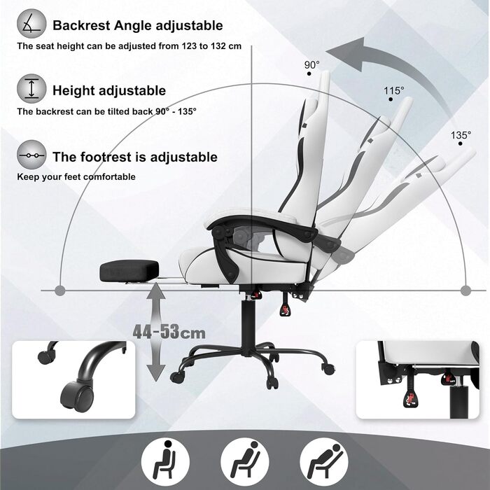 Ергономічне ігрове крісло UISEBRT з масажем та підставкою для ніг, зручне ігрове крісло з регульованою спинкою, підголівником та масажною поперековою подушкою - чорно-біле