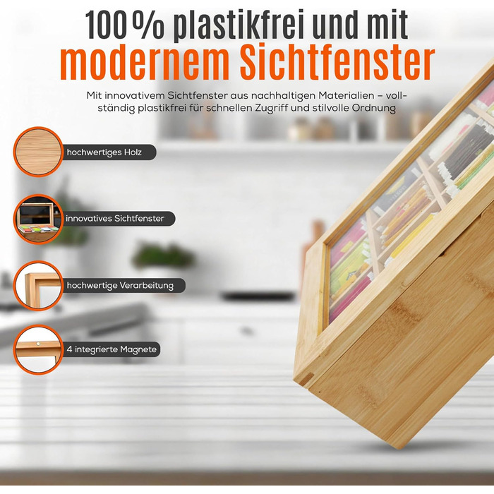 Бамбукова чайна коробка AH з 12 відділеннями коробка для зберігання чайних пакетиків з оглядовим віконцем та магнітною застібкою, ВШ 9 x 29 x 24 см, натуральний колір