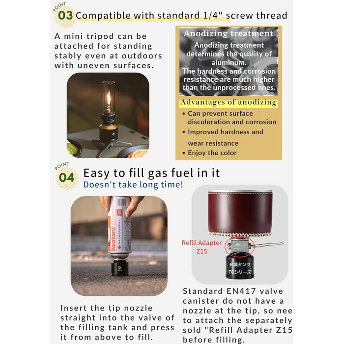 Газовий ліхтар для кемпінгу CAMPINGMOON з газовою свічкою та порожнім баком чорного кольору BKT-1D15