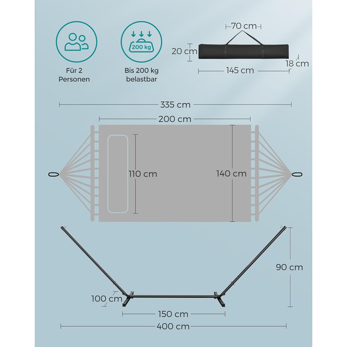 Гамак SONGMICS з каркасом, металевий каркас гамака, подвійний поручень, з подушками, вантажопідйомність до 200 кг, садовий, чорний каркас і синій гамак GHS002Q01