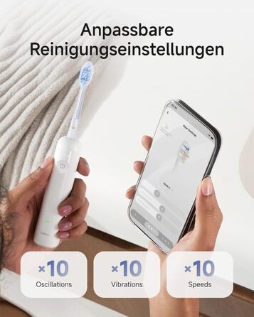 Звукова зубна щітка з 6 режимами чищення та акумулятором на 70 днів, 60 осциляції, контроль тиску, 2 інтелектуальні насадки (ABS Білий)