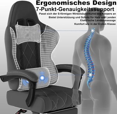 Тканинне ігрове крісло з масажною поперековою опорою, дихаюче офісне крісло ергономічне зі зручною пружинною подушкою та підставкою для ніг, ігрове крісло з підголівником та широким сидінням, темно-сірий/чорний