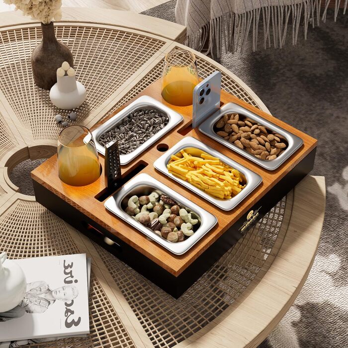 Барна стійка для дивана, органайзер для бічних/журнальних столиків, дерев&39яна барна стійка для дивана як подарунок до пива для чоловіків, піднос для дивана з чотирма мисками для закусок та кількома місцями для зберігання (чорний)