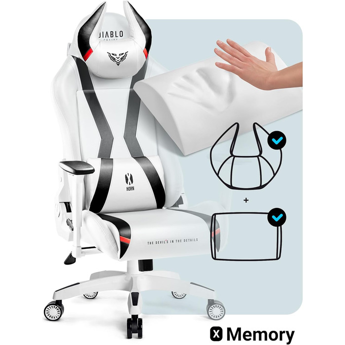 Геймерське крісло Diablo X-Horn 2.0, офісне крісло, геймерське крісло, стільці з 3D-підлокітниками, ергономічний дизайн, подушка для шиї/світлова подушка, штучна шкіра, функція гойдання, білий розмір King (XL)