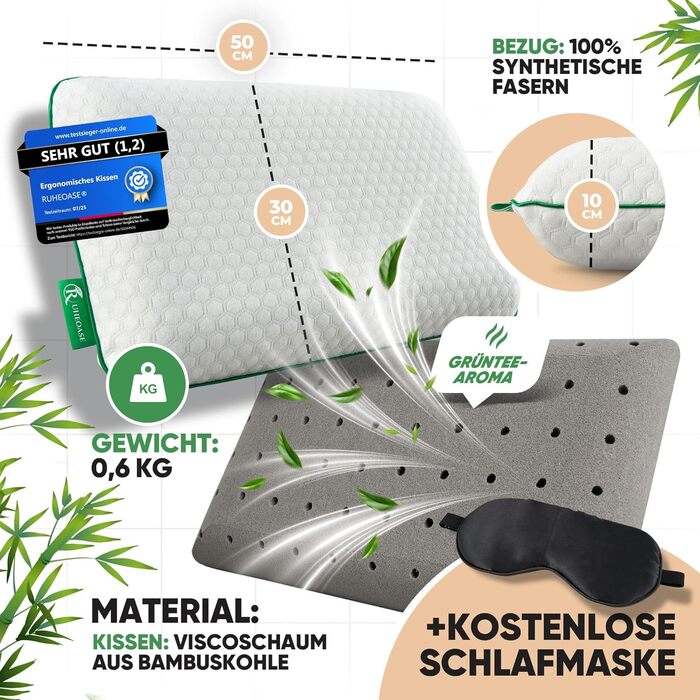 Ергономічна подушка для шиї (50x30 см), ортопедична подушка з піни з ефектом пам&39яті для здоров&39я з бамбукового вугілля з чохлом, подушка для сну на боці, спині та животі