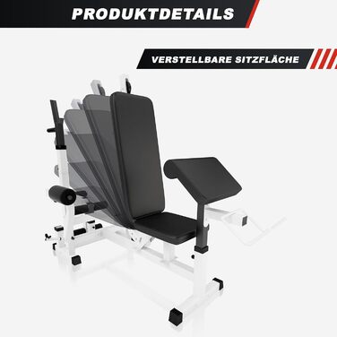 Силова лава GORILLA SPORTS - вкл. комплект штанг 100 кг, місце для зберігання, станція для віджимань, накладка для згинання рук, згинання ніг, режим &quotметелик&quot, тяга до найширшого хвата, регульована, чорно-біла - Багатофункціональна тренувальна лав